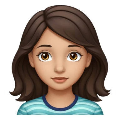 Create a emoji of a girl teen (14 years old) with dark brown hair and a little bit lighter brown in the end of the hair (but mixed) and waves in the hair with MEDIUM FAIR TO OLIVE skin tone, dark brown eyes, perfect nose, long eyelashes sticker