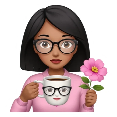 Chica de pelo negro ojos negros y piel morena con lentes oversize square GAFAS DE LEER BIEN GRANDES , en la mano derecha una taza de cafe en color rosa con una flor negra de diseno. Sentada mirando un drama koreano en la television.  sticker