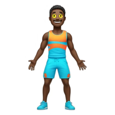 Fit, playful emoji-man with vivid neon glow, exuding a cheerful aura, and strong, lively posture.”  sticker