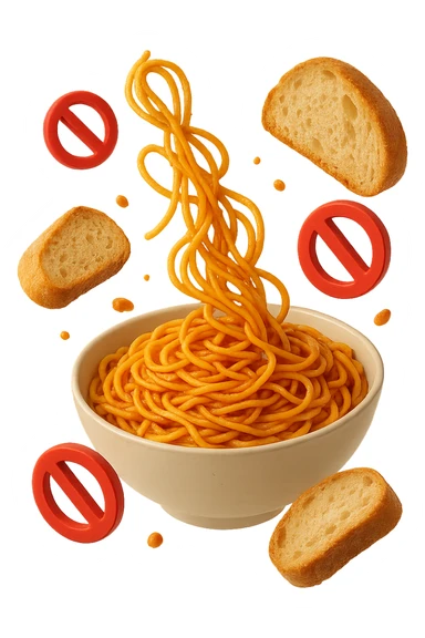 bowl di pasta e fettine di pane che fluttuano in aria con piccoli divieti 3d, sfondo bianco, iperrealistico 4k sticker