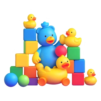 bright playful toys scattered - blue teddy bear, yellow rubber duck, colorful building blocks, rainbow ball, cartoon action figure sticker