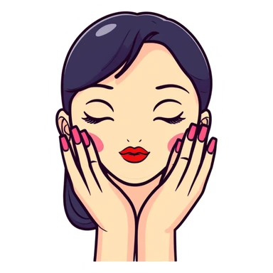 A cute face with closed eyes that form upward curved lines, eyelashes, pursed lips with lipstick, and a hand gesture with only the thumb out while other fingers are closed, all nails painted sticker