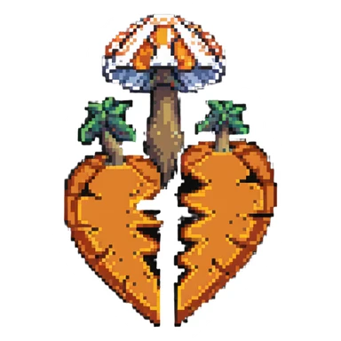 heart split in half with a mushroom motif on one side and a pumpkin motif on the other, pixel art style sticker