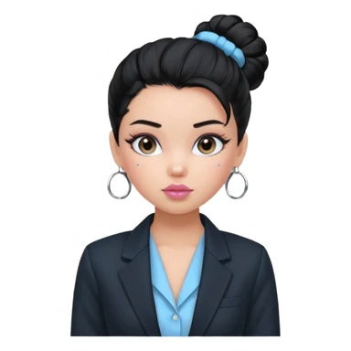 generate a pretty bratz girl with black hair tied up in a bun. wearing a light blue full sleeve shirt and a black blazer over it. silver small hoops, pink lipgloss.  sticker