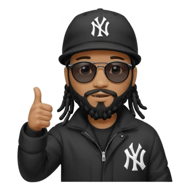 African American man with shoulder length black dreadlocks with black beard wearing  dark black sunglasses with a black bubble winter coat wearing a New York Yankees baseball cap giving the thumbs up sticker
