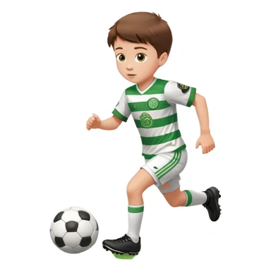 Celtic footballer jersey logo  6 years old brown hair white boy , brown eyes , stripes uniform , RUNNING  with soccer ball is number  17 celtic football logo  ONE CELTIC LOGO ONLY white shorts sticker