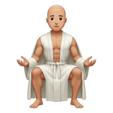 fullbody jacked bald guy, sleeveless and unbuttoned in full white robe sitting without chair and hands down sticker