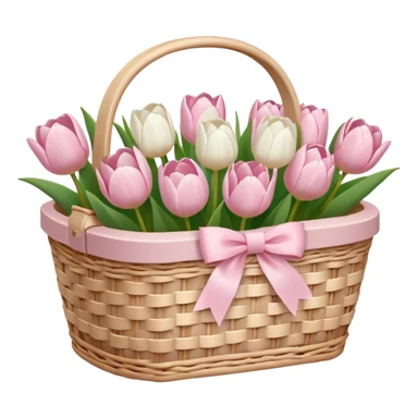 A white Picnic basket with light pink bow, white peonie, tulips sticker