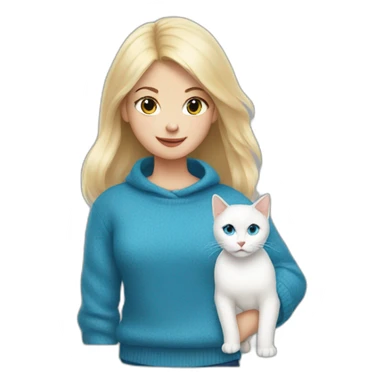 Blonde girl in blue sweater and with white cat sticker