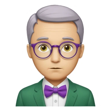 yellow-skinned man with neatly parted brown-gray hair, thick rectangular eyebrows, large round eyes behind thin glasses, a pointed nose, and a green suit with a white collar and purple bow tie. sticker