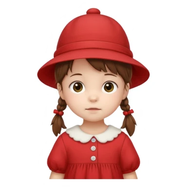 baby girl with brown hair and pigtails with a hat and red dress like My Neighbor Totoro movie sticker