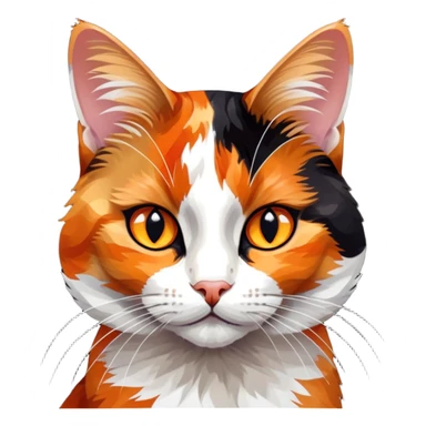 cinematic-noble-calico-cat-portrait-emoji,-poised-and-regal,-with-a-striking-patchwork-fur-in-vibrant-orange,-black,-and-white-hues premoninantly black,-delicate-whiskers-and-a-refined,-relaxed-gaze,-simplified-yet-exquisitely-detailed,-glowing sticker