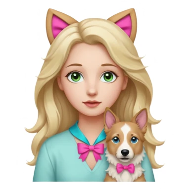 A white Long Wave blonde Hair Woman with blue-green eyes with a Brown eyed White Shepard with a little bit beige in then end of the ears and a lneom Link bow in neck in a lovely pose sticker