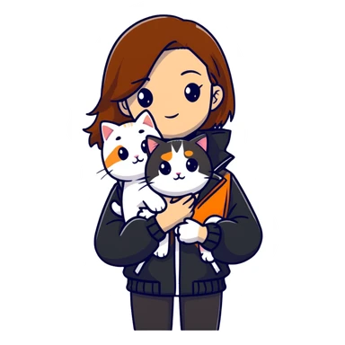Light-skinned girl with brown straight hair wearing a black jacket, holding one pure white cat and one calico cat with orange black patches sticker