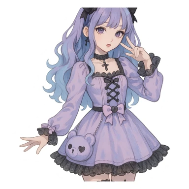 gothic K-pop girl, dreamy pastel goth style, soft colors with gothic details, whimsical pose, cute accessories sticker