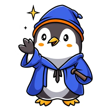 A penguin in a blue wizard robe and pointy hat with stars, casting a magical spell sticker