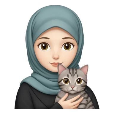 White girl wearing  hijab holding a black grey tabby cat sticker