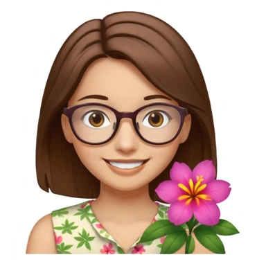 Hawaii female with fair skin. Shoulder length straight brown hair. Brown eyes with glasses. Hawaiian Flower in hair sticker