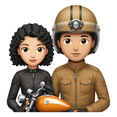 A man motorcyclist and a shorter girl with curly black hair, facing each other. sticker