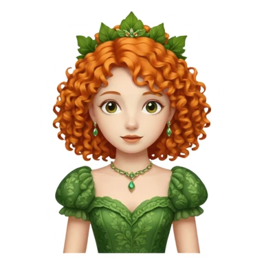orange curly hair beautiful princess full body in leafy green dress elegant sticker