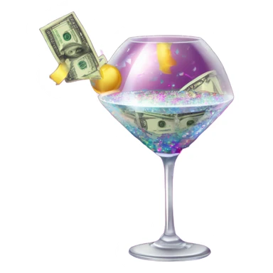 A glittering disco ball with dollar bills flying around it, a spilled wine glass, and a lipstick-stained martini glass surrounded by confetti and sparkles sticker