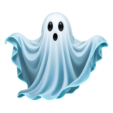 A hilariously exaggerated floating sheet ghost, its simple yet expressive form billowing with animated energy in vibrant whites and pale blues, with two wide, comically shocked eyes and a quirky, startled mouth, simplified yet overflowing with personality, highly detailed with a soft neon-like glowing outline, capturing the playful absurdity of a ghost caught off guard! sticker
