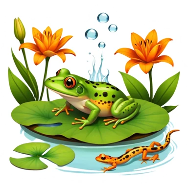Icon for Amphibians: A colorful collage featuring a frog sitting on a lily pad, a salamander crawling on the ground and a newt swimming in water. The background features lily flowers and a calm pond setting. Transparent background. sticker