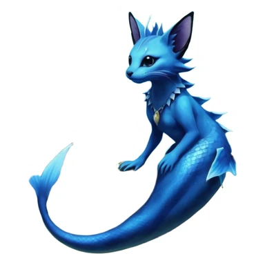 Epic complex abyssal fantasy swampy glorious detailed dark dusky gloomy deep gothic gloomy cobalt-blue-abyss-blue-black-greyish, realistic Fakémon-Sprigatito-Floragato-Meowscarada-Vaporeon-Salandit-Trico-Sergal-Serval-Vernid-creature (full body) with mermaid-ears, tail fin, shiny sparkly, iridescent sticker