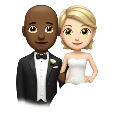 a white girl in a wedding dress with short hair and a brown guy in a tux with a buzz cut  sticker