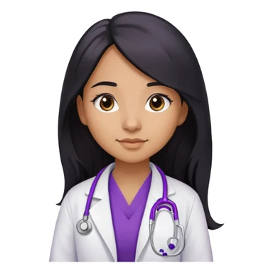 Light browned skin girl with long black hair and wearing a doctors coat with a purple stethoscope around her neck sticker