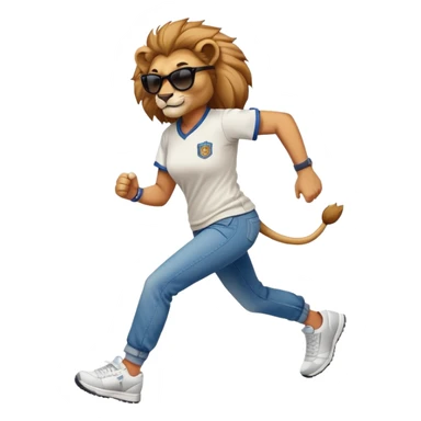 confident female lion jogging upright wearing baseball shirt, jeans, trainers, dark sunglasses, friendly expression sticker