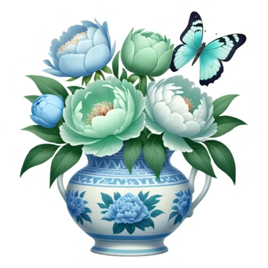 A soft green butterfly fluttering near a bouquet of pale blue and white peonies in an antique vase. sticker
