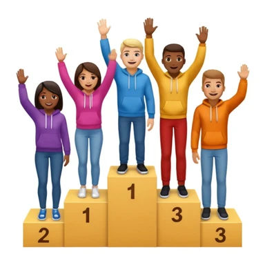 winners’ podium with multi-racial people, brown podium with middle step higher, no numbers, fun colorful clothes like jeans, t-shirts, and hoodies, one person high fiving, excited fun expressive emoji style sticker