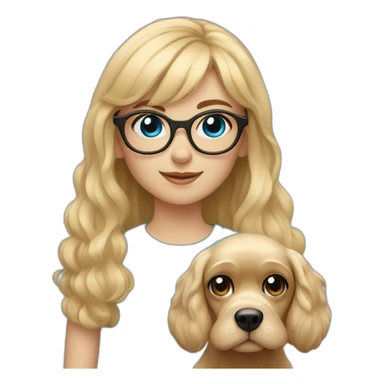 young blonde girl with blue eyes with bangs and glasses with her beige cocker spaniel sticker