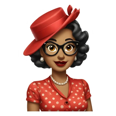 Vintage woman who wears classic pinup red dresses  with black polka dots and big cat eye glasses  sticker