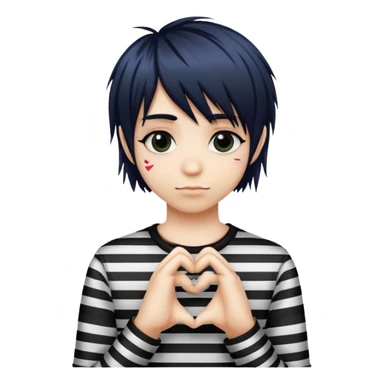 emo rockstar with side-swept bangs, striped shirt, making a heart with hands sticker
