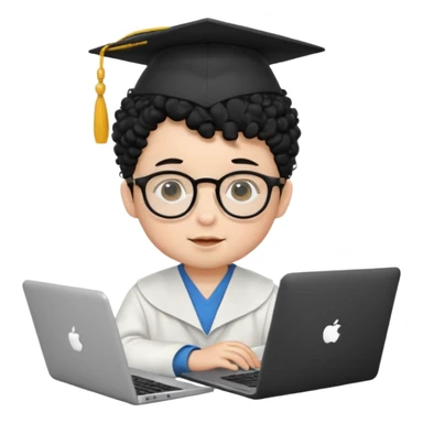 A baby boy DEVELOPER WITH A laptop, black curly hair and topknot, wearing glasses and a mortarboard sticker