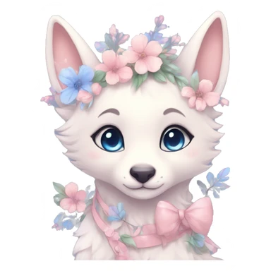 Anthro Cute Cool Blushing Pastel Innocent Shy Kawaii gorgeous sparkly ethereal fantasy animal creature with blue eyes furry sona with flowers and ribbons beautiful aesthetic sticker