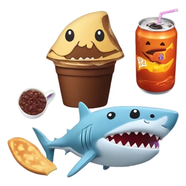 Jumbo scary pancake hallowen dark red bean with happy smile and shark with he baby and drink fanta in cup and mentos sticker