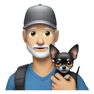 Handsome blue eyed man, with grey hair,  and grey goatee beard, wearing ball cap, holding a black long hair chihuahua  sticker