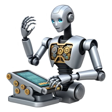 An icon featuring a humanoid robot assembling parts with mechanical arms, a circuit board in its chest, and a conveyor belt in the background. The design includes gears, sensors, and a robotic claw, symbolizing robotics innovation and automation. Transparent background sticker