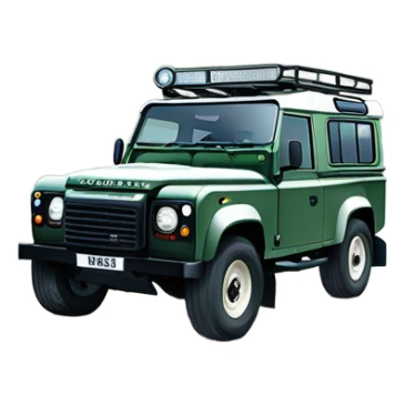 A Land Rover Defender traversing mountainous terrain full of rocks and bushes, with its iconic round headlights and robust front grille highlighted, showcasing its unparalleled off-road capability. sticker