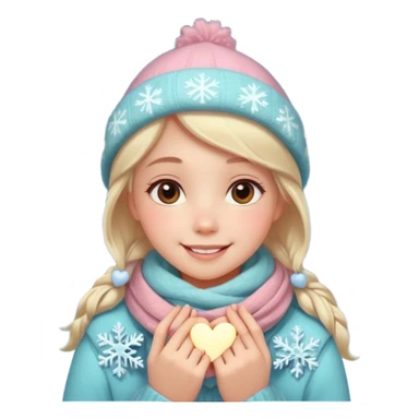 A cute, warm Christmas emoji-style illustration for a romantic A cozy winter atmosphere, soft pastel colors, gentle lighting. A sweet smiling girl with a warm scarf, glowing Christmas lights, snowflakes, and a small heart symbol. clean lines, closeness, and affection.
 sticker