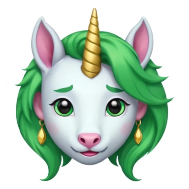 unicorn with green hair and big earrings looking into camera sticker