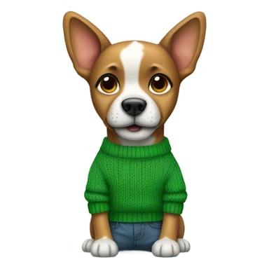 A dog wearing a green sweater with his hands in his jeans and red converse sticker