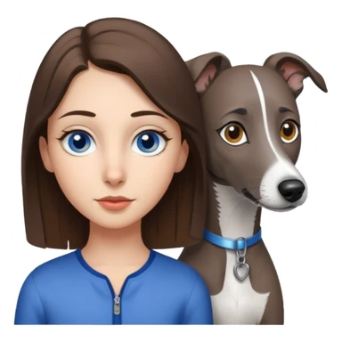 Brunette teenage hazel eyed girl beside a dark grey and white whippet with blue eyed sticker