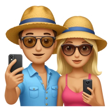 Italian tourist couple, one with sunhat, one with sunglasses, taking a selfie sticker
