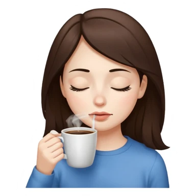 Brunette is a cold girl with white skin and sniffting the coffee in her hand woth her eyes closed sticker
