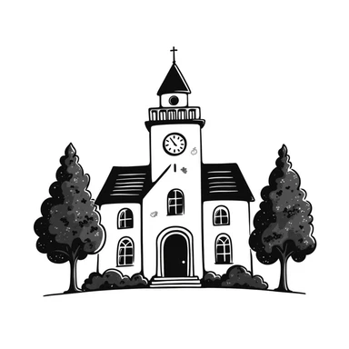 hand-drawn municipality with town hall and trees sticker