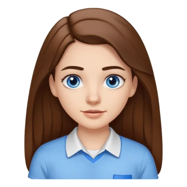 A pretty white girl with long brown hair dark eyebrows and braces and blue eyes wearing a white shirt sticker